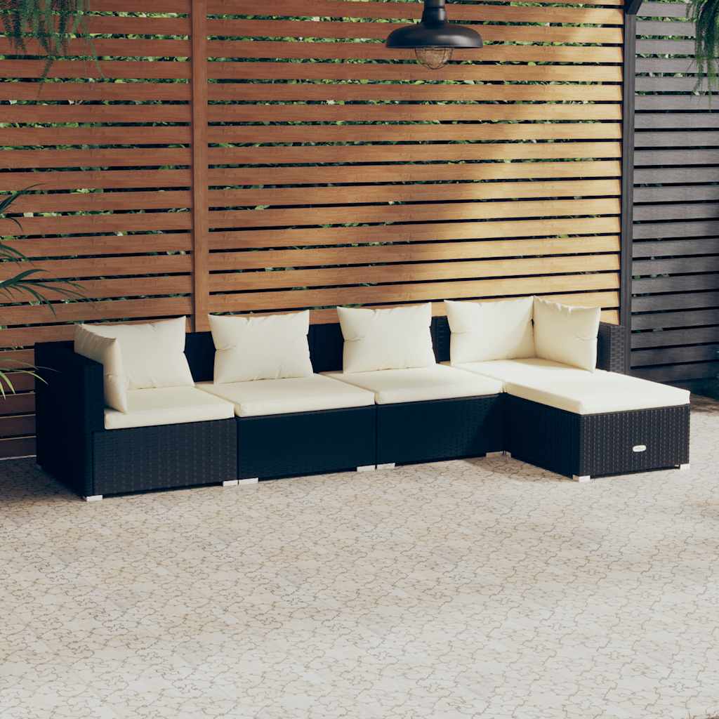 5-tlg. Garten-Lounge-Set mit Kissen Poly Rattan Schwarz