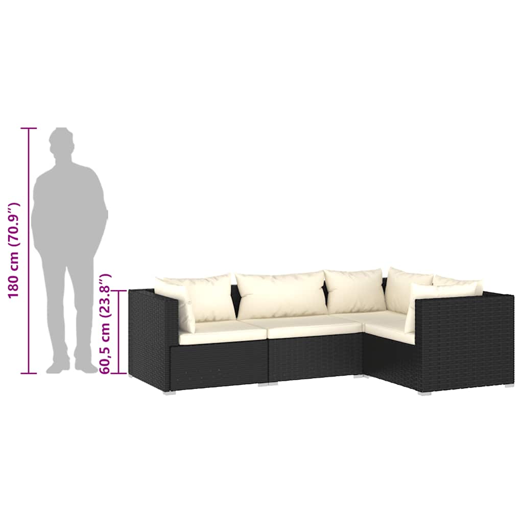 4-tlg. Garten-Lounge-Set mit Kissen Poly Rattan Schwarz