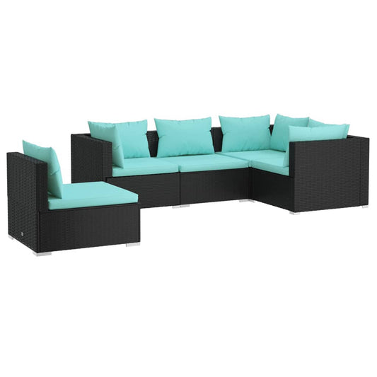 5-tlg. Garten-Lounge-Set mit Kissen Poly Rattan Schwarz