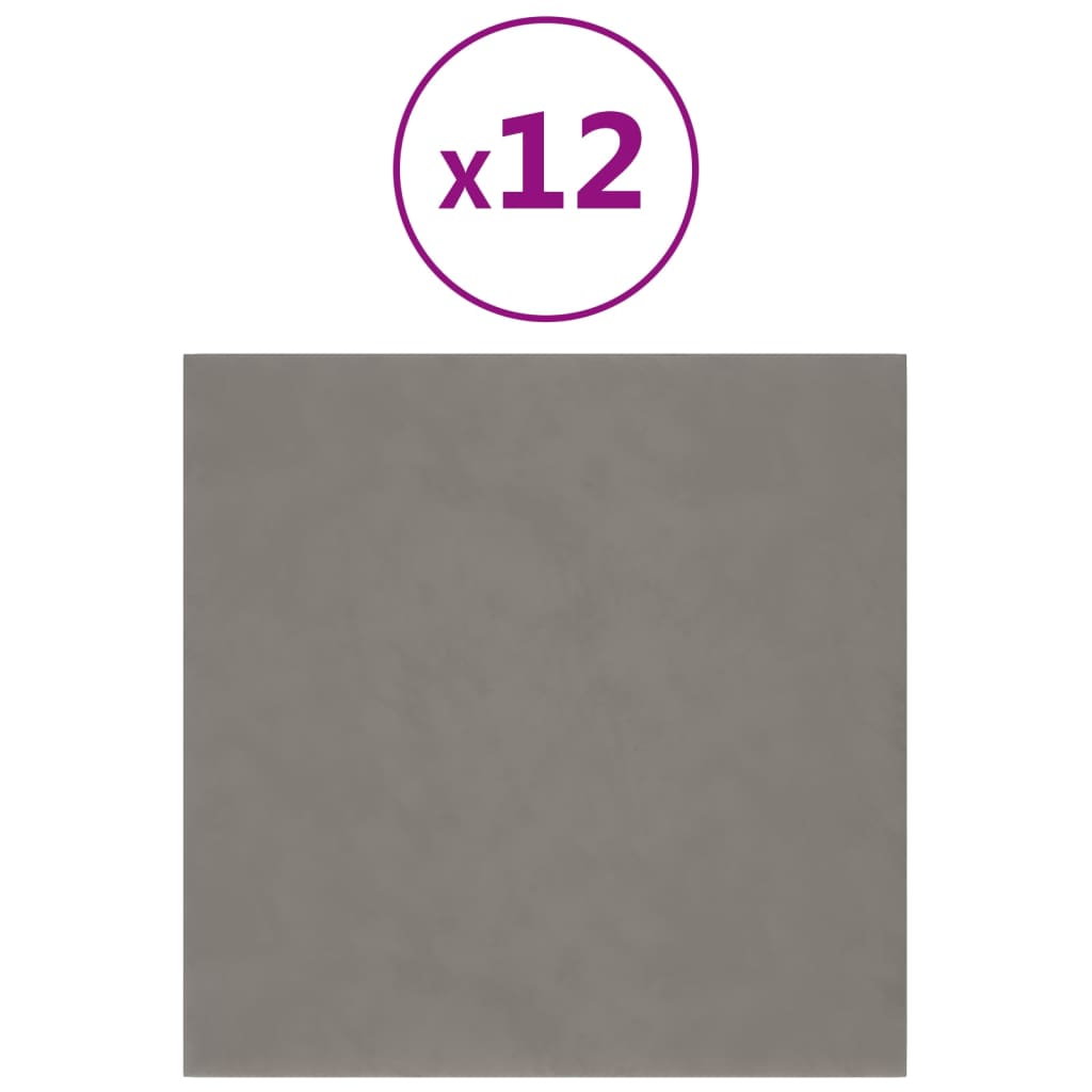 Vægpaneler 12 stk Lysegrå 30x30 cm fløjl 1,08 m²