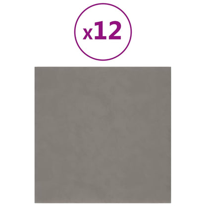 Vægpaneler 12 stk Lysegrå 30x30 cm fløjl 1,08 m²