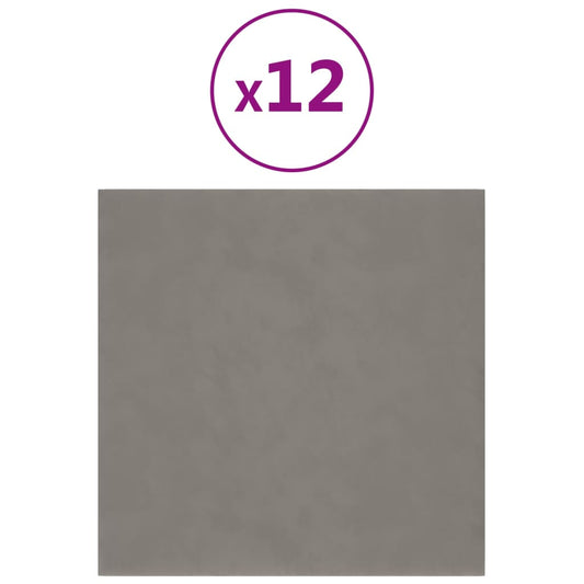 Vægpaneler 12 stk Lysegrå 30x30 cm fløjl 1,08 m²