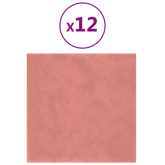 Vægpaneler 12 stk Pink 30x30 cm Fløjl 1,08 m²