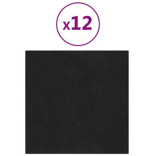 Vægpaneler 12 stk. Sort 30x30 cm Fløjl 1,08 m²