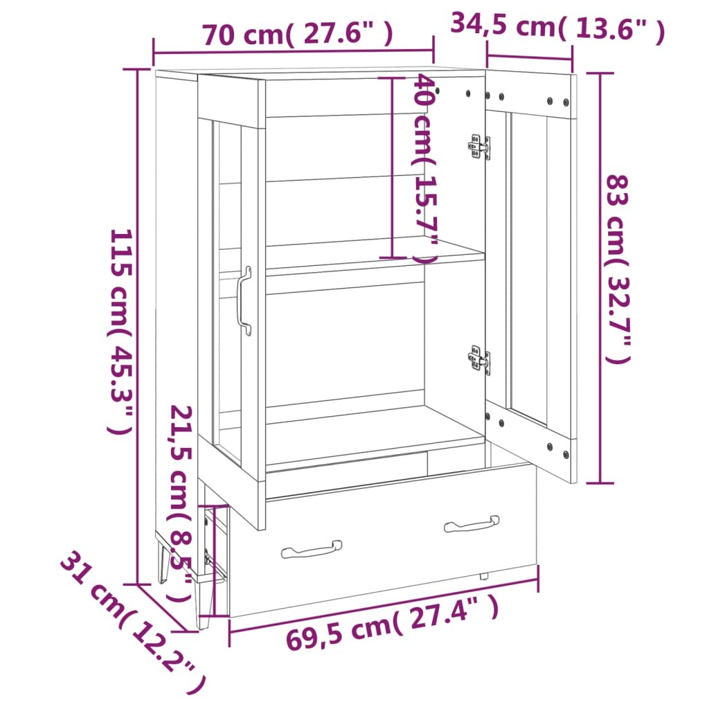 Highboard Grå Sonoma 70x31x115 cm Træmateriale