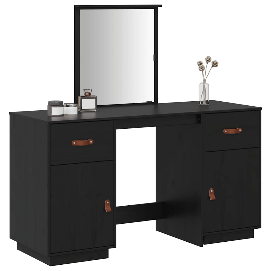 Schminktisch-Set mit Spiegel Schwarz Massivholz Kiefer