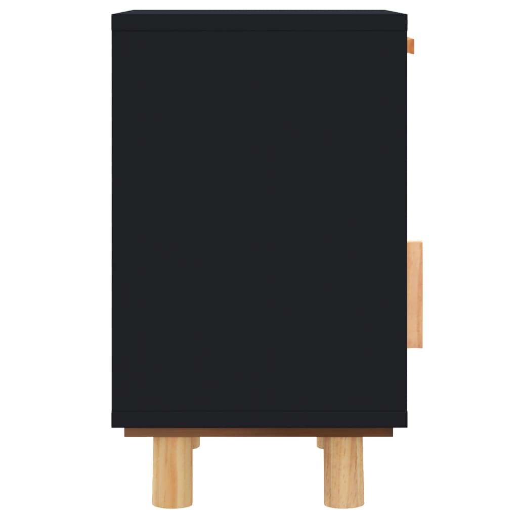 Nachttische 2 Stk. Schwarz Massivholz Kiefer und Natur-Rattan