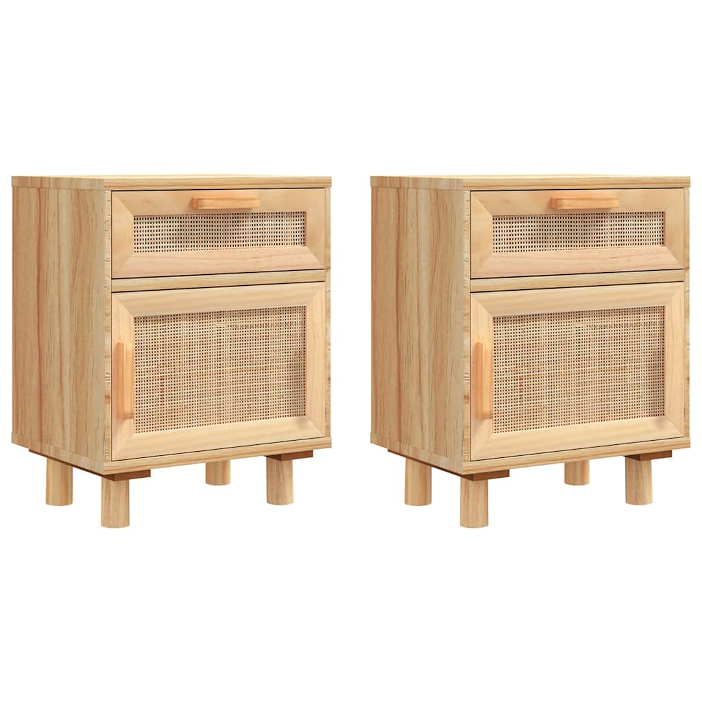 Nachttische 2 Stk. Braun Massivholz Kiefer und Natur-Rattan
