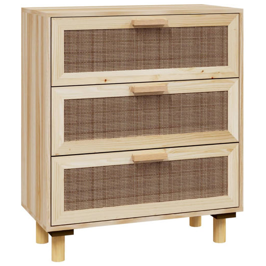 Sideboard Braun 60x30x70 cm Massivholz Kiefer und Natur-Rattan
