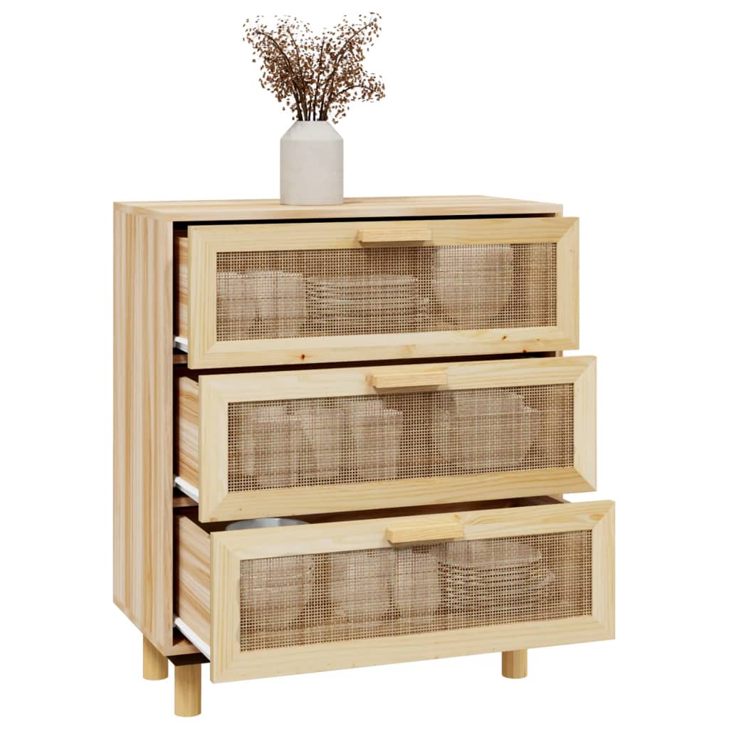 Sideboard Braun 60x30x70 cm Massivholz Kiefer und Natur-Rattan