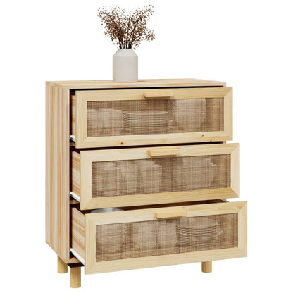 Sideboard Braun 60x30x70 cm Massivholz Kiefer und Natur-Rattan
