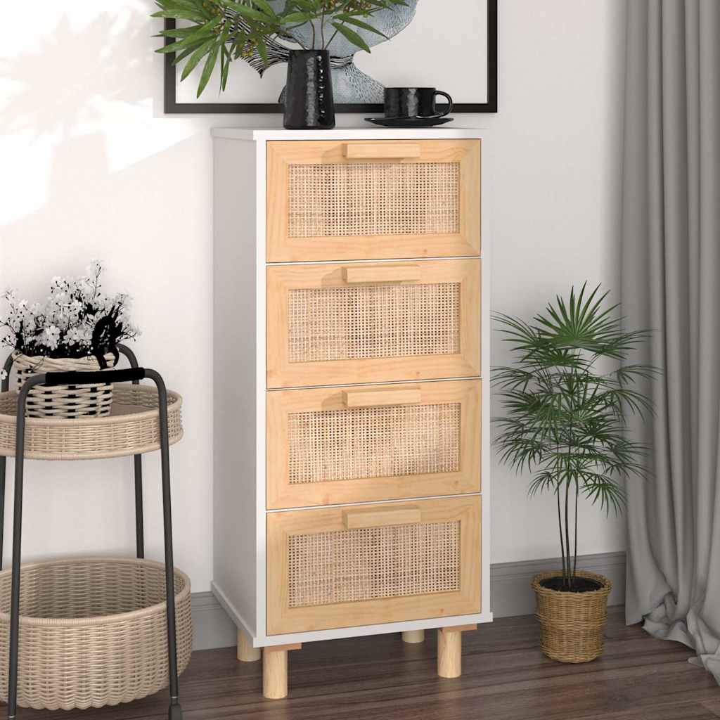 Sideboard Weiß 40x30x90 cm Massivholz Kiefer und Natur-Rattan