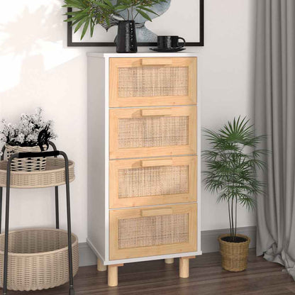 Sideboard Weiß 40x30x90 cm Massivholz Kiefer und Natur-Rattan