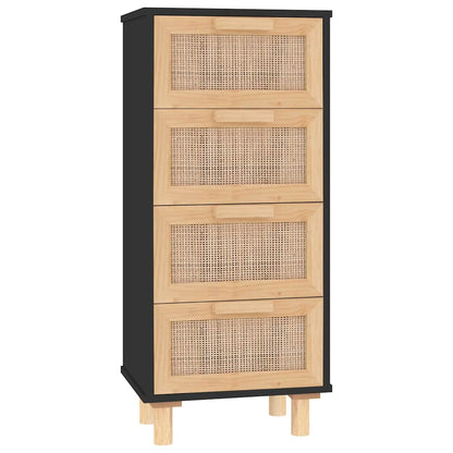 Sideboard Schwarz 40x30x90cm Massivholz Kiefer und Natur-Rattan