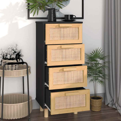 Sideboard Schwarz 40x30x90cm Massivholz Kiefer und Natur-Rattan