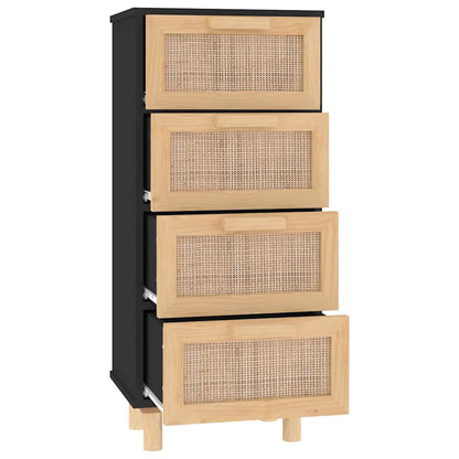 Sideboard Schwarz 40x30x90cm Massivholz Kiefer und Natur-Rattan