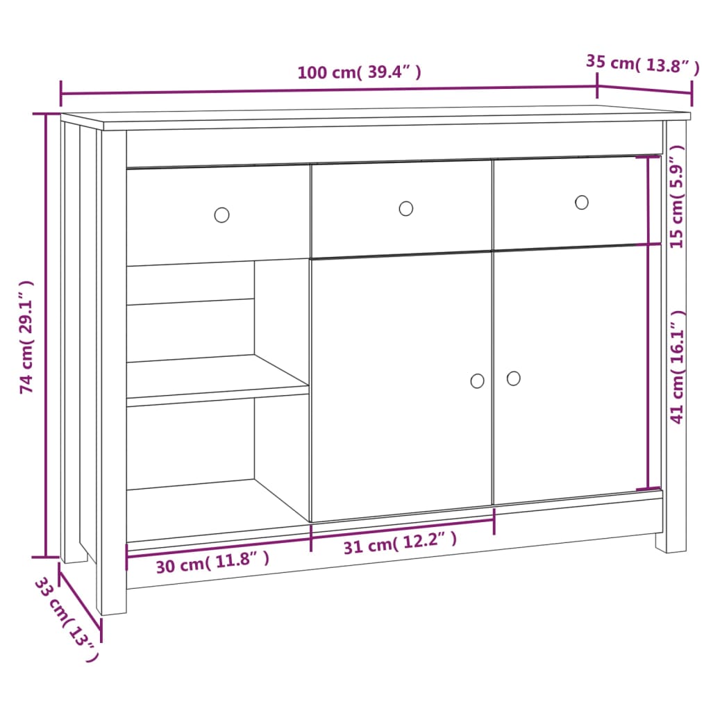 Sideboard Honigbraun 100x35x74 cm Massivholz Kiefer