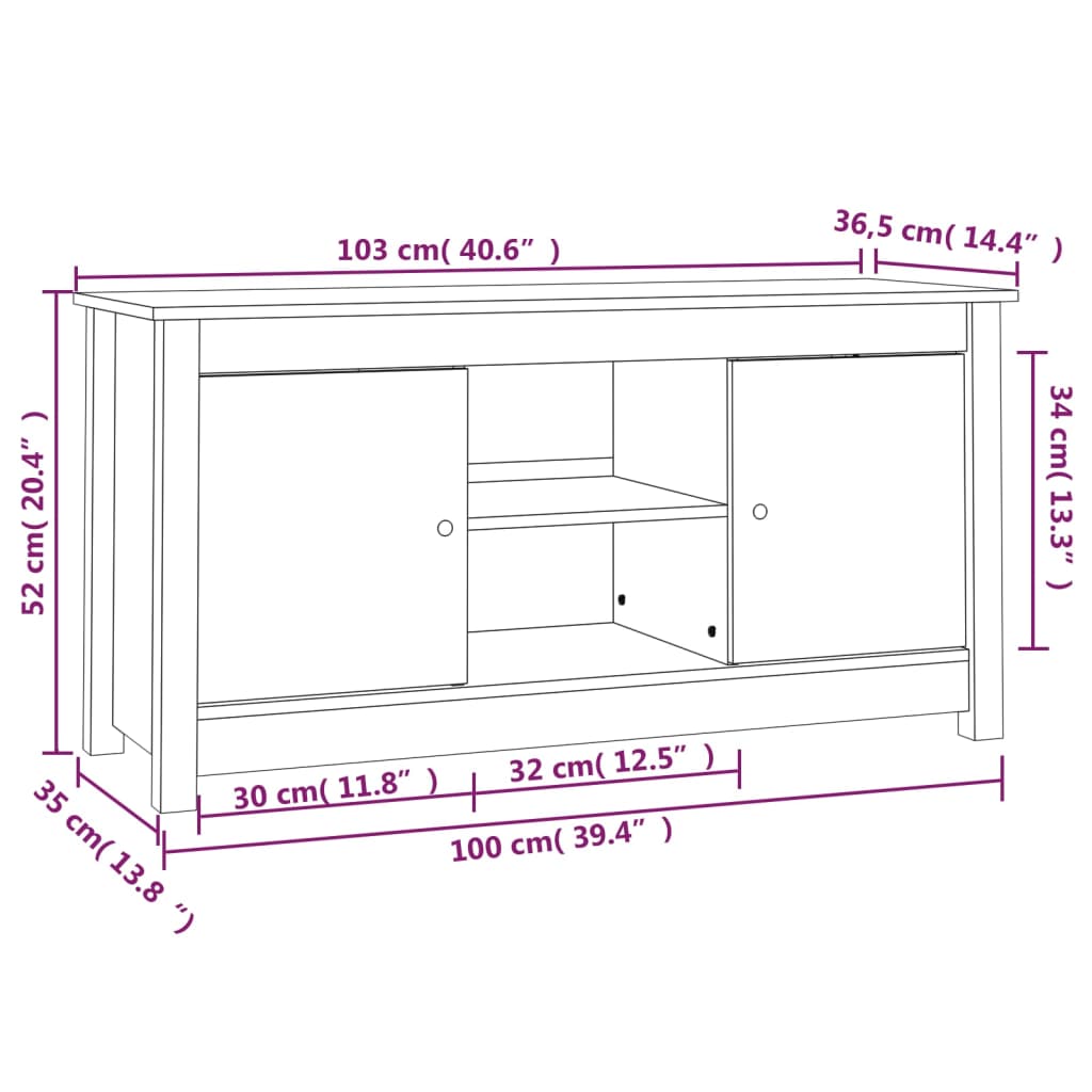 TV-skab Hvid 103x36,5x52 cm Massiv Fyr