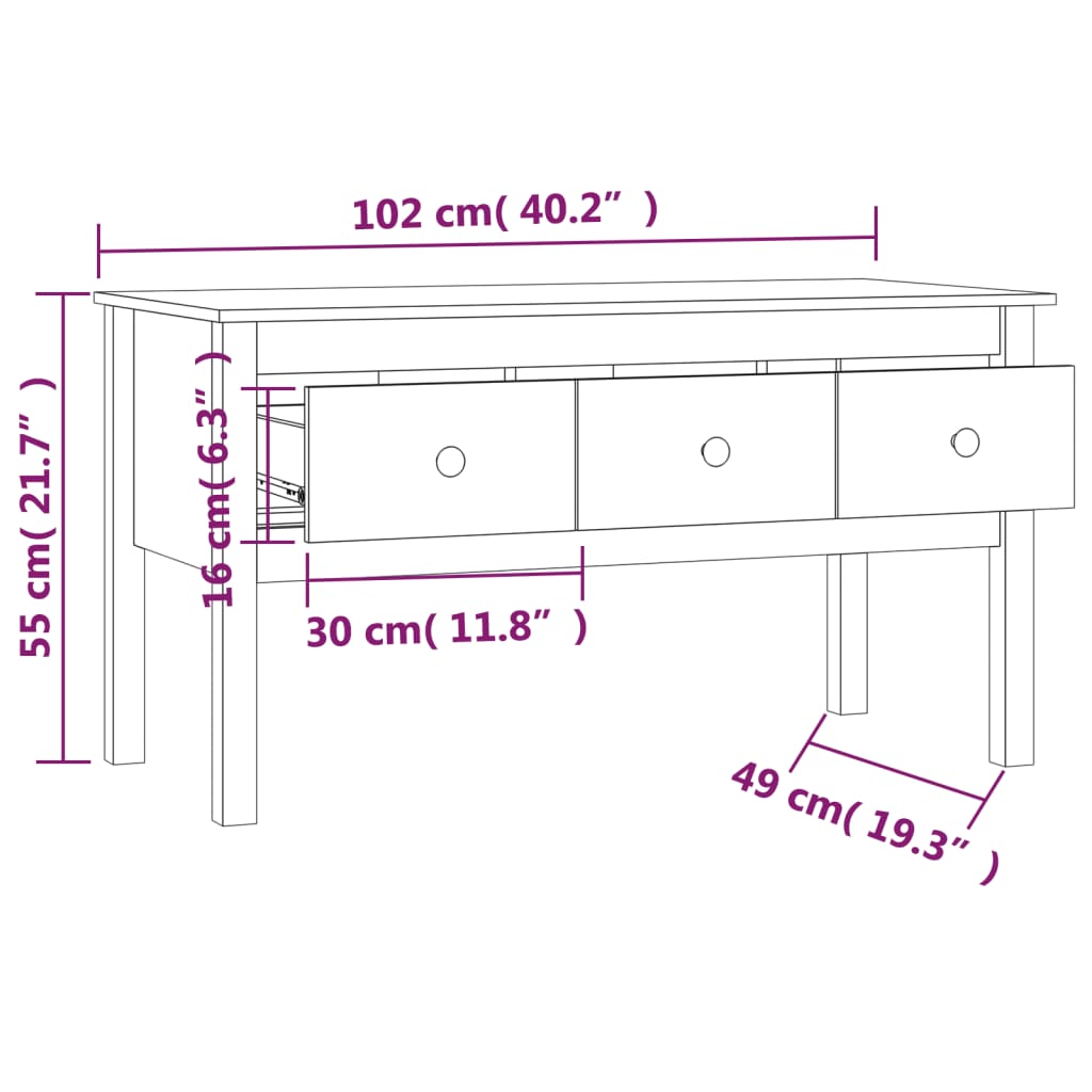 Sofabord Hvid 102x49x55 cm Massiv Fyr