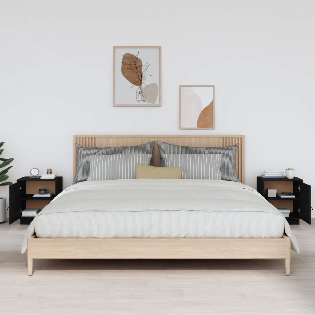 Sengeborde 2 stk Sort 40x34x45 cm massiv fyrretræ