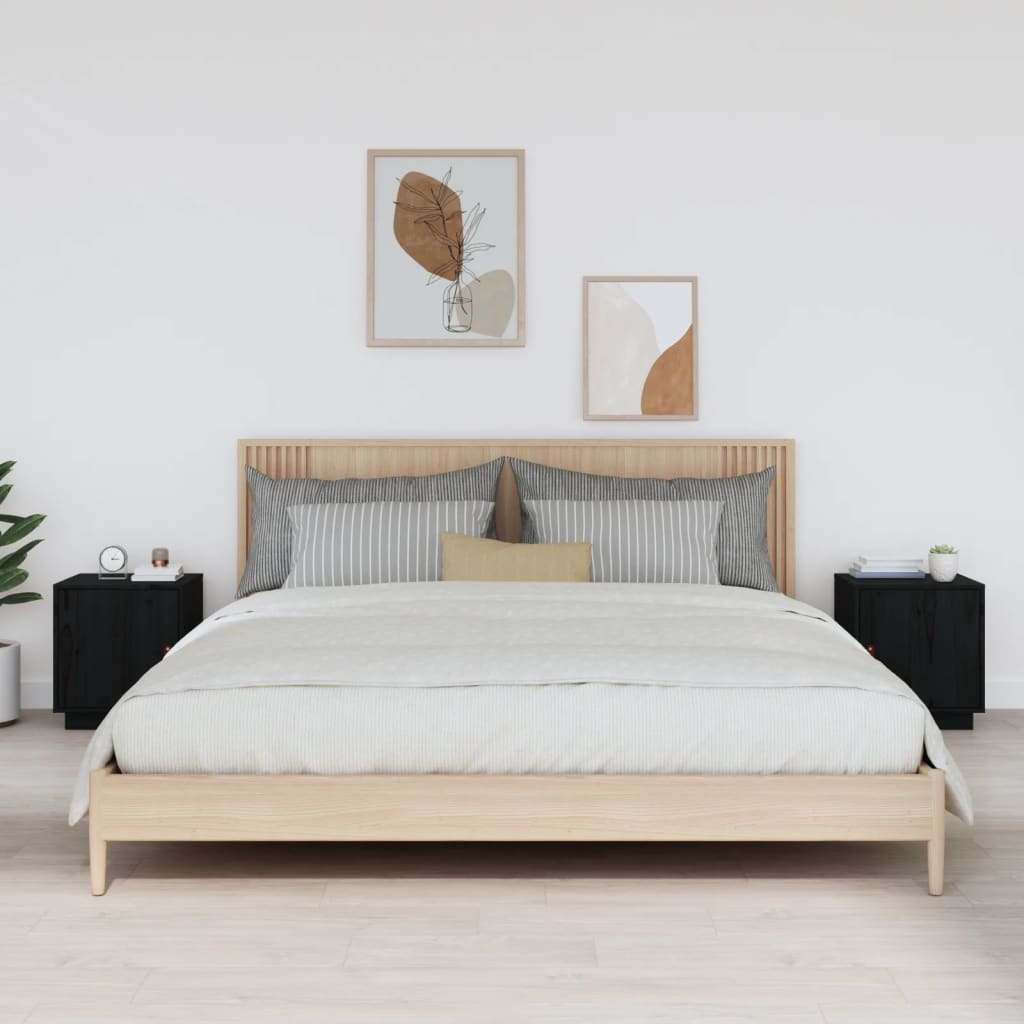 Sengeborde 2 stk Sort 40x34x45 cm massiv fyrretræ