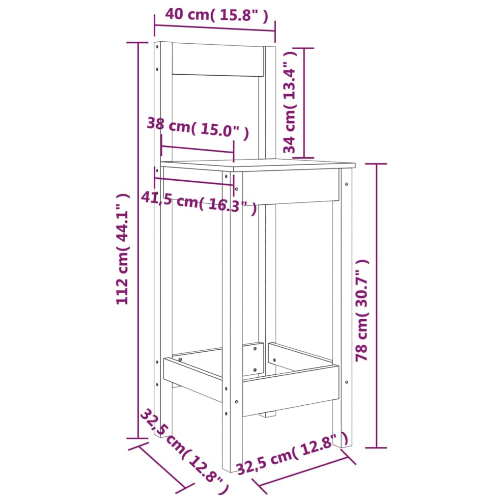 Barstole 2 stk 40x41,5x112 cm massiv fyrretræ