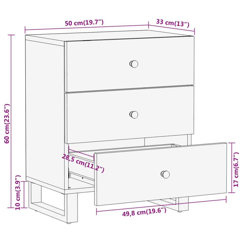 Nachttisch Braun und Schwarz 50x33x60 cm Massivholz Mango
