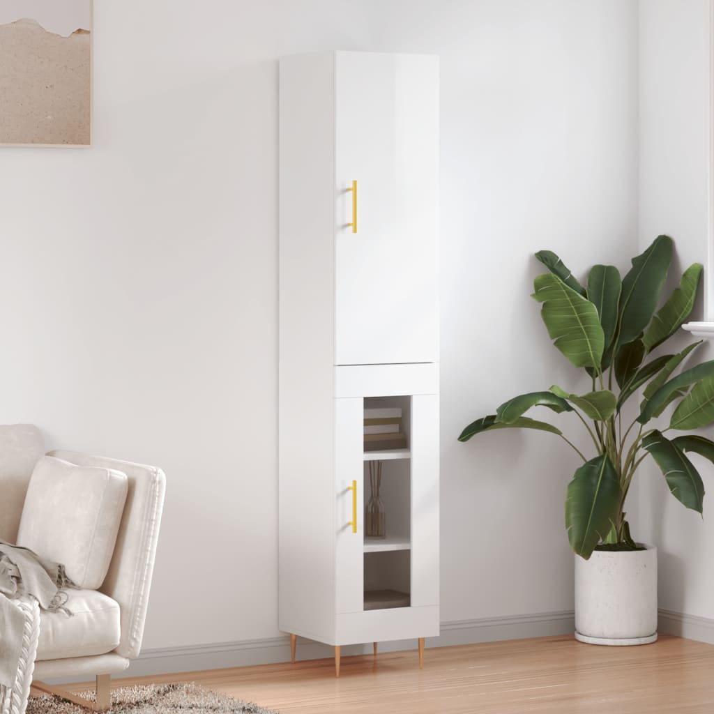 Highboard Højglans Hvid 34,5x34x180 cm Træmateriale