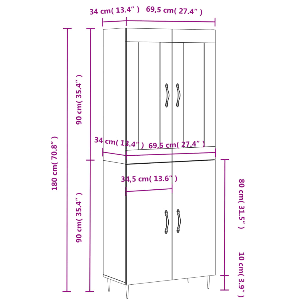 Highboard Betongrau 69,5x34x180 cm Holzwerkstoff
