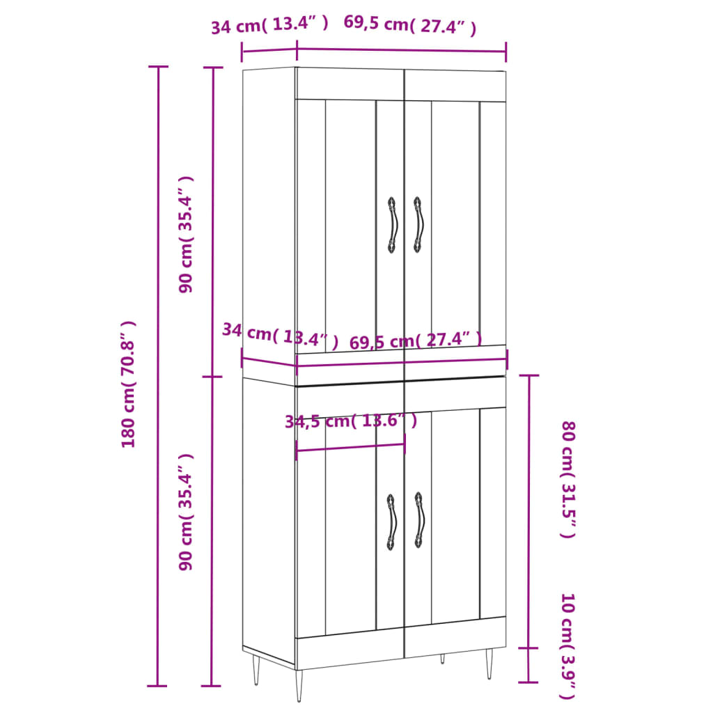 Highboard Betongrau 69,5x34x180 cm Holzwerkstoff
