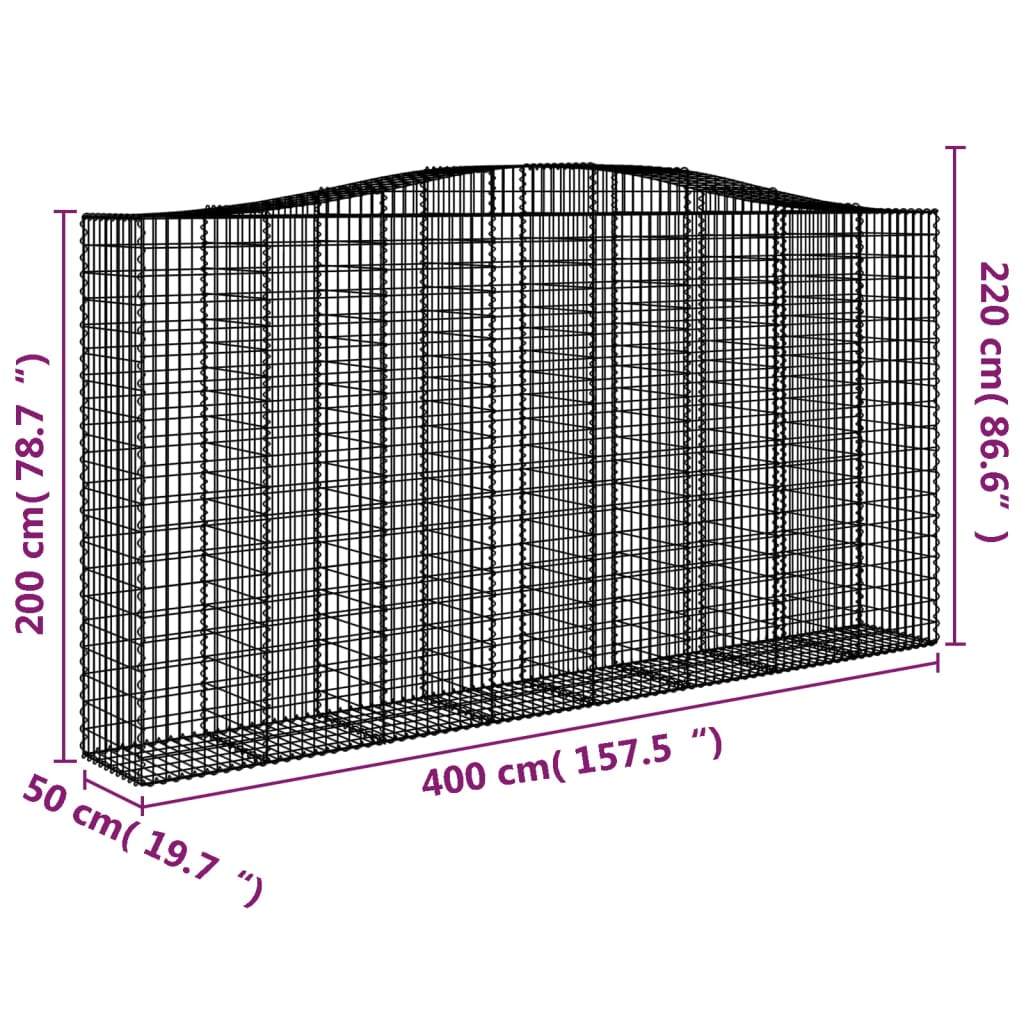 Gabionen mit Hochbogen 10Stk. 400x50x200/220cm Verzinktes Eisen