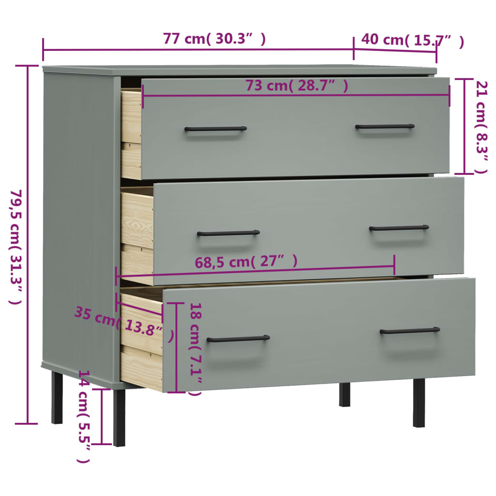 Skænk OSLO med 3 skuffer Grå 77x40x79,5 cm massivt træ