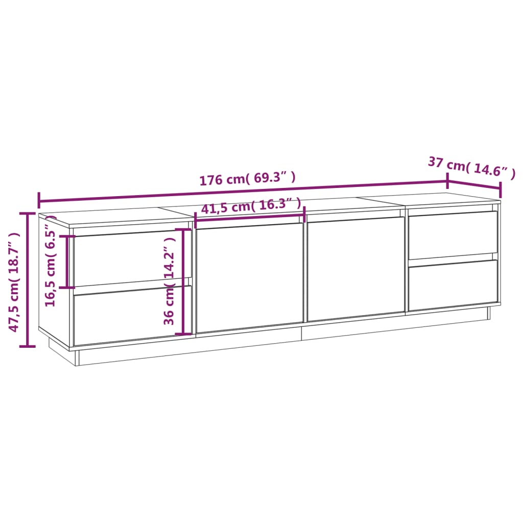 TV-skab Hvid 176x37x47,5 cm Massiv Fyr