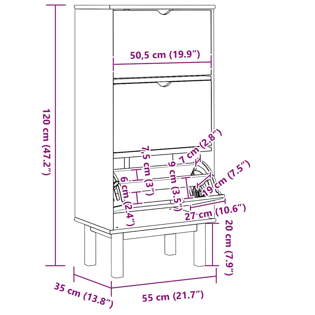 Schuhschrank OTTA mit 3 Schubladen Braun&Weiß Massivholz Kiefer