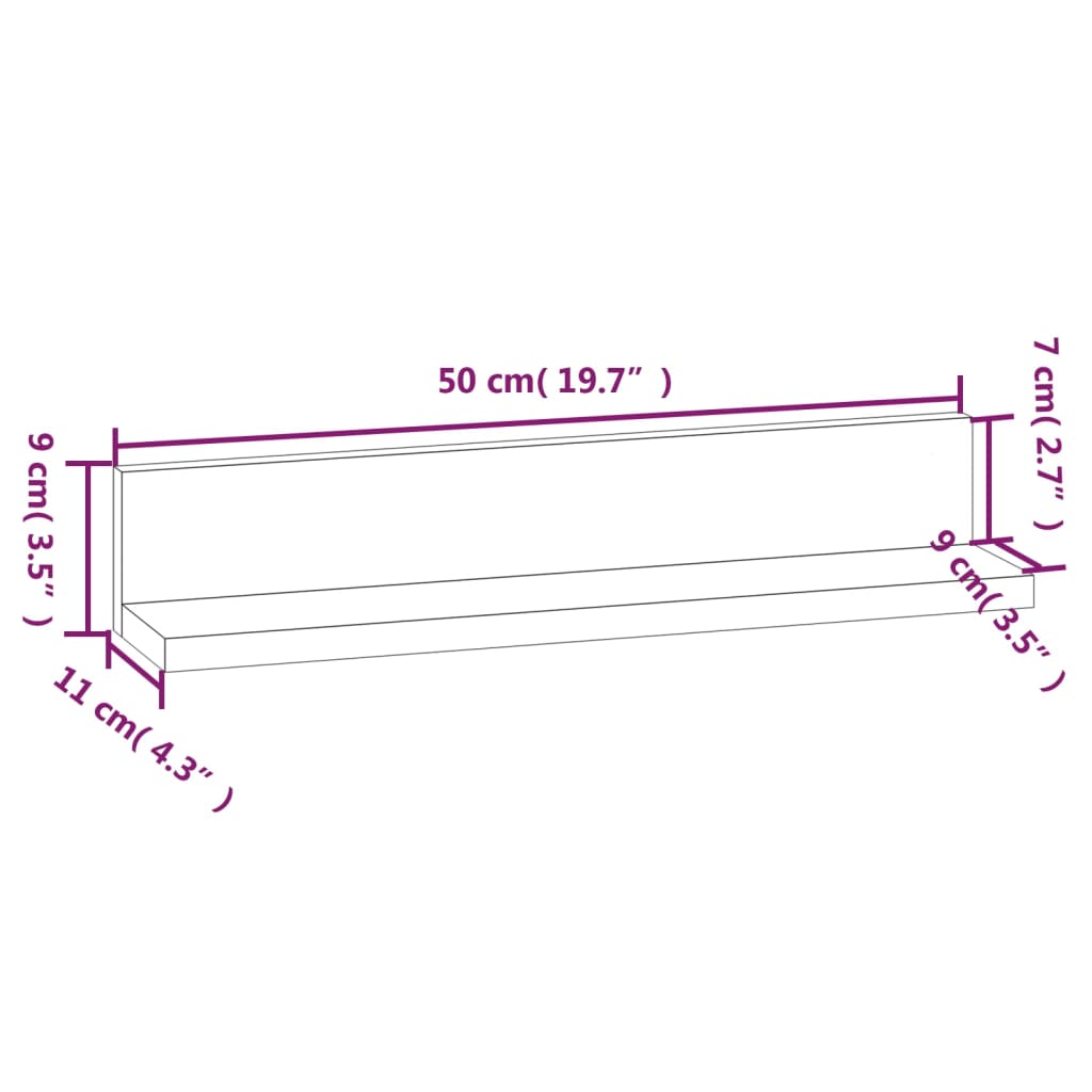 Væghylder 2 stk 50x11x9 cm massiv fyrretræ