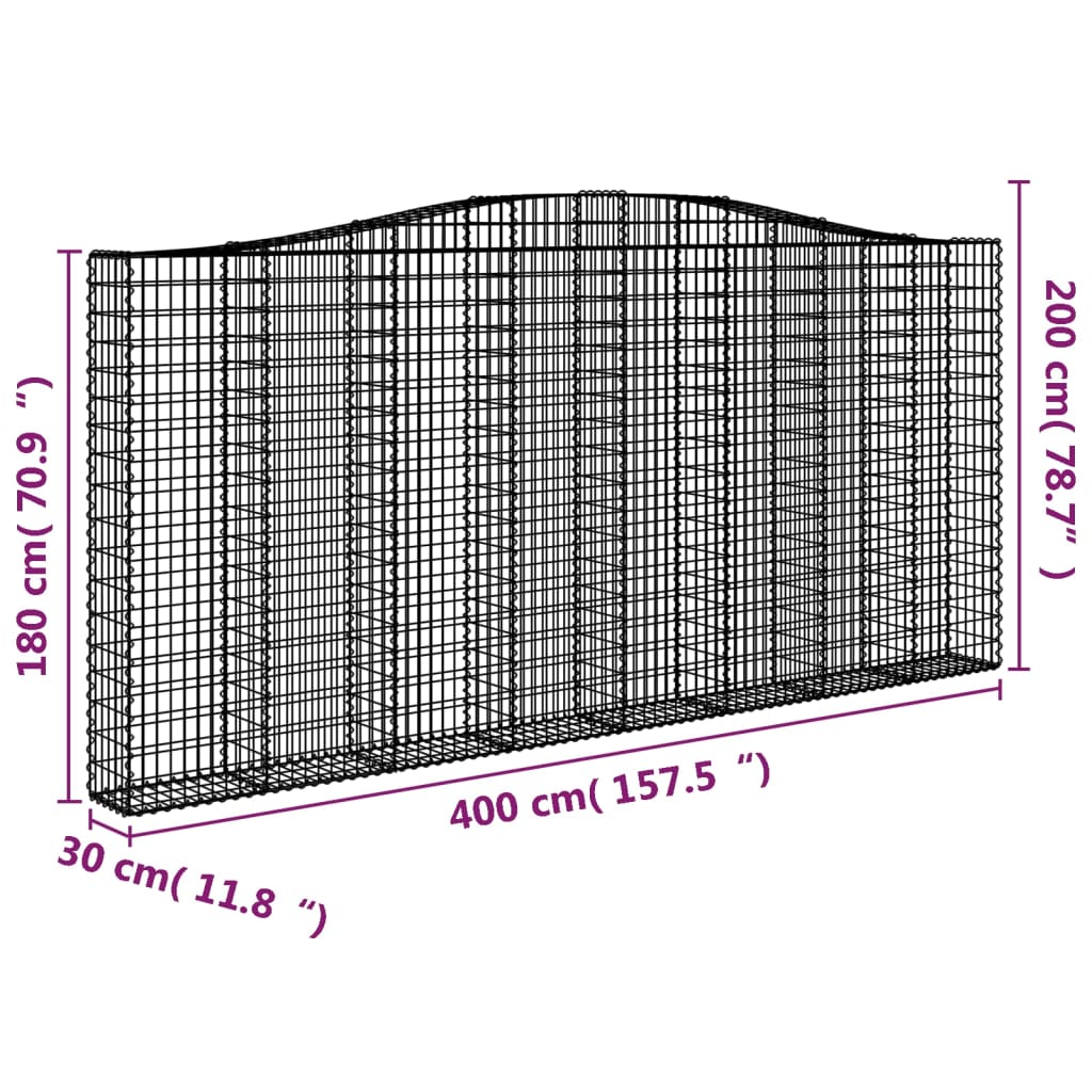 Gabion med høj bue 400x30x180/200 cm Galvaniseret jern