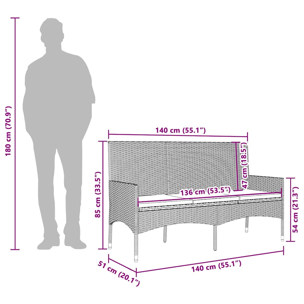 Gartenbank 3-Sitzer mit Kissen Grau Poly Rattan