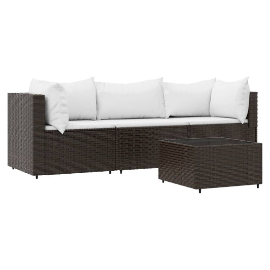 4-tlg. Garten-Lounge-Set mit Kissen Braun Poly Rattan