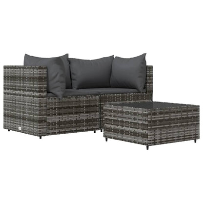3-tlg. Garten-Lounge-Set mit Kissen Grau Poly Rattan