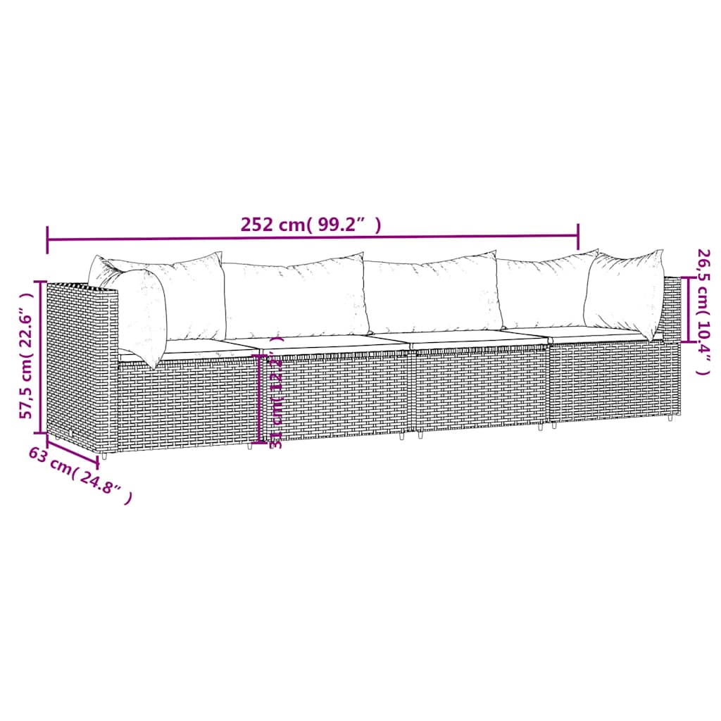 4-tlg. Garten-Lounge-Set mit Kissen Grau Poly Rattan