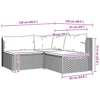 3-tlg. Garten-Lounge-Set mit Kissen Grau Poly Rattan