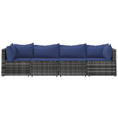4-tlg. Garten-Lounge-Set mit Kissen Grau Poly Rattan