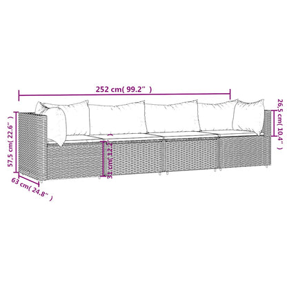 4-tlg. Garten-Lounge-Set mit Kissen Grau Poly Rattan