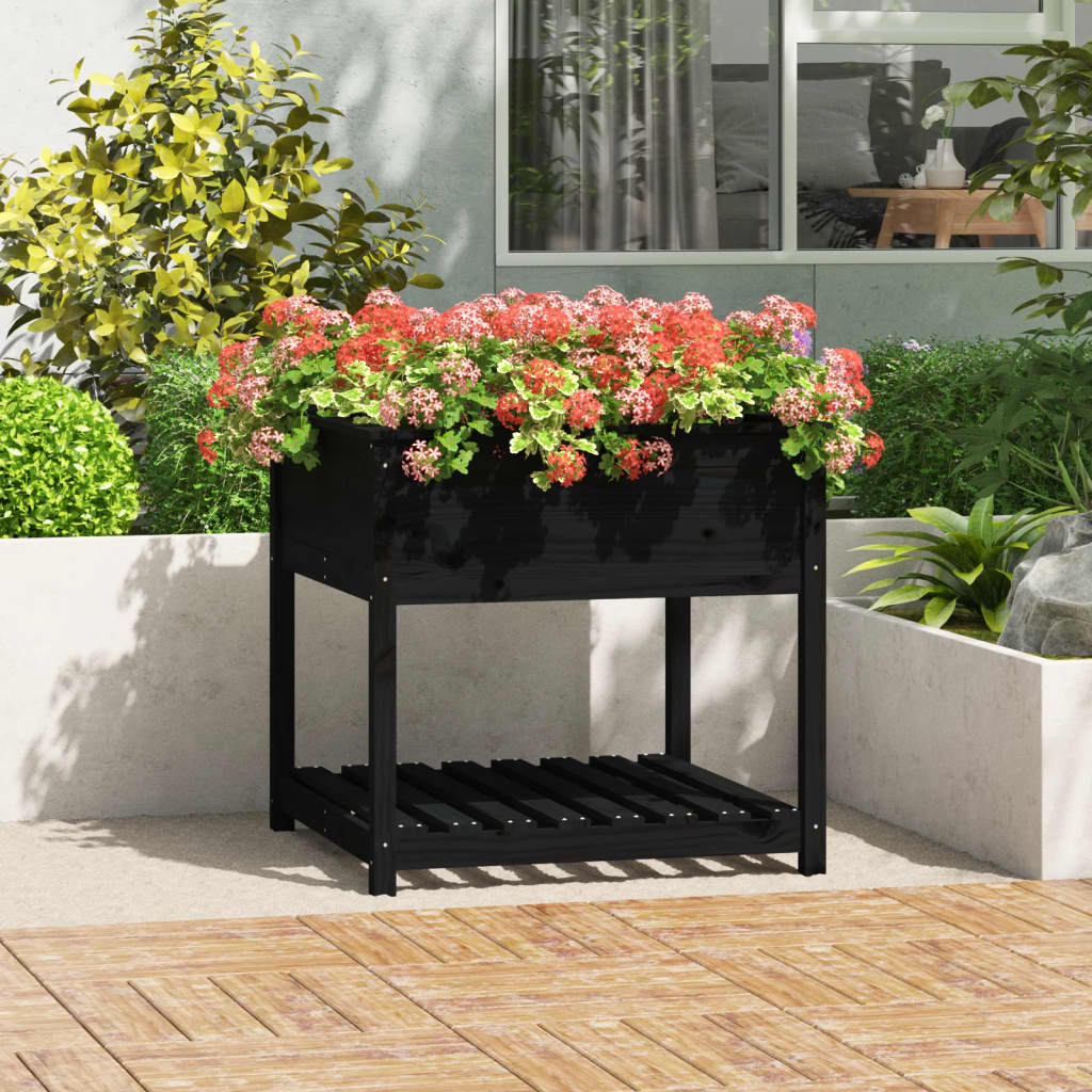 Plantekasse med hylde Sort 82,5x82,5x81cm Massiv fyrretræ