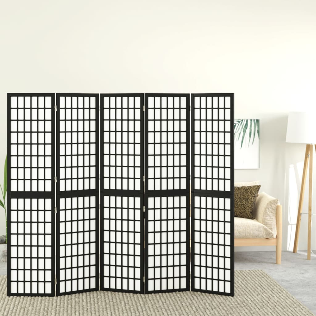 5-delt sæt Foldeskærm i japansk stil 200x170 cm Sort