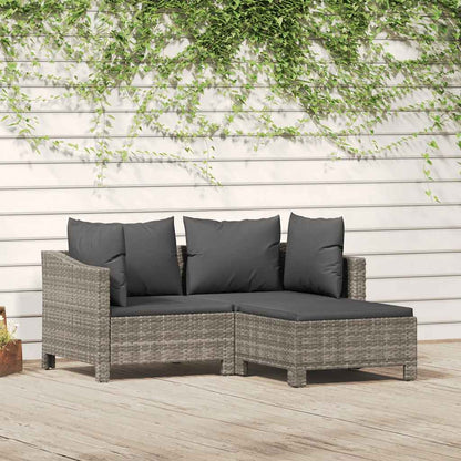 3-tlg. Garten-Lounge-Set mit Kissen Grau Poly Rattan