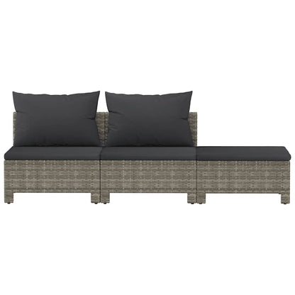 3-tlg. Garten-Lounge-Set mit Kissen Grau Poly Rattan