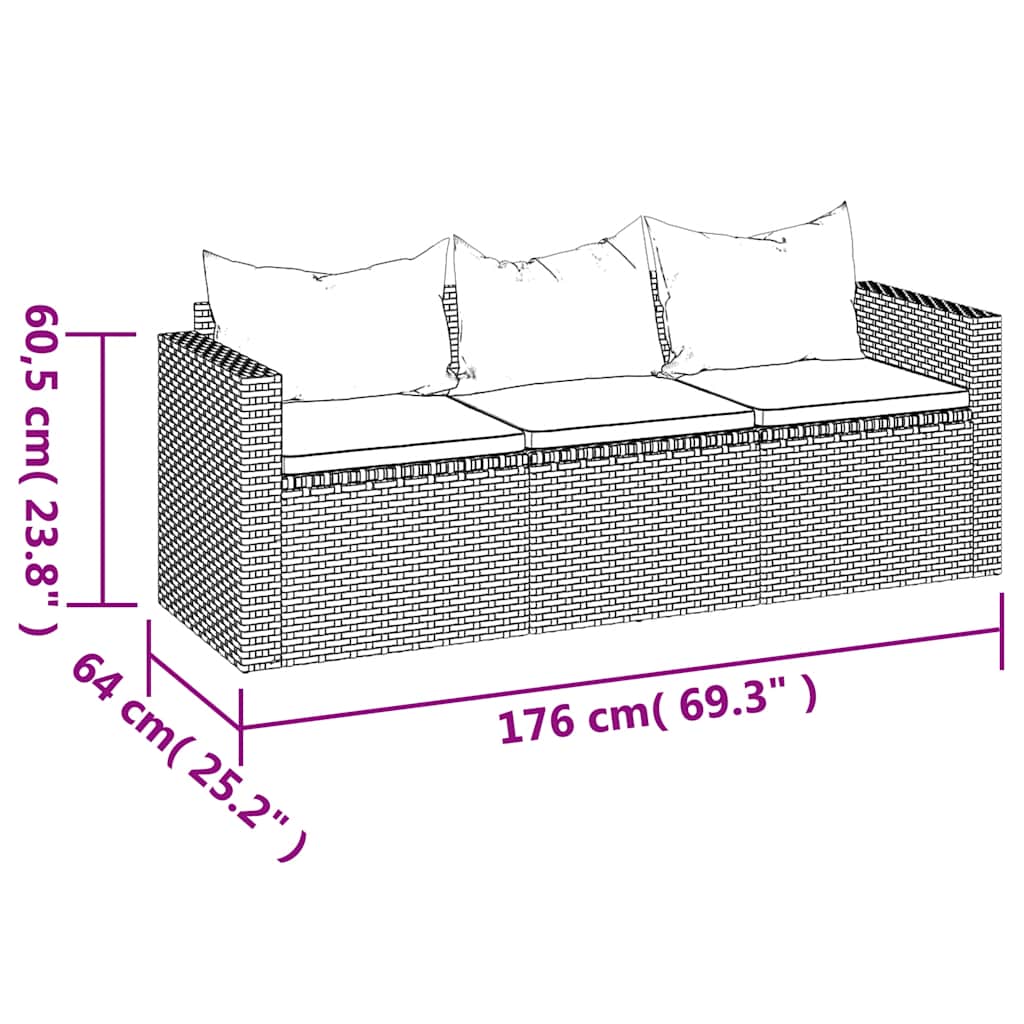 3-Sitzer-Gartensofa mit Kissen Schwarz Poly Rattan