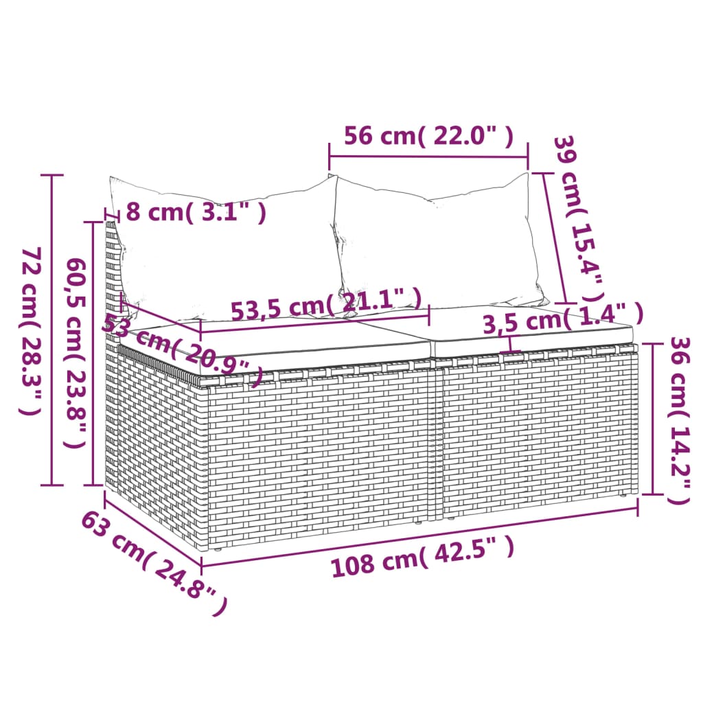 Garten-Mittelsofas mit Kissen 2 Stk. Schwarz Poly Rattan