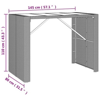 Barbord med glasplade grå 145x80x110 cm polyrattan